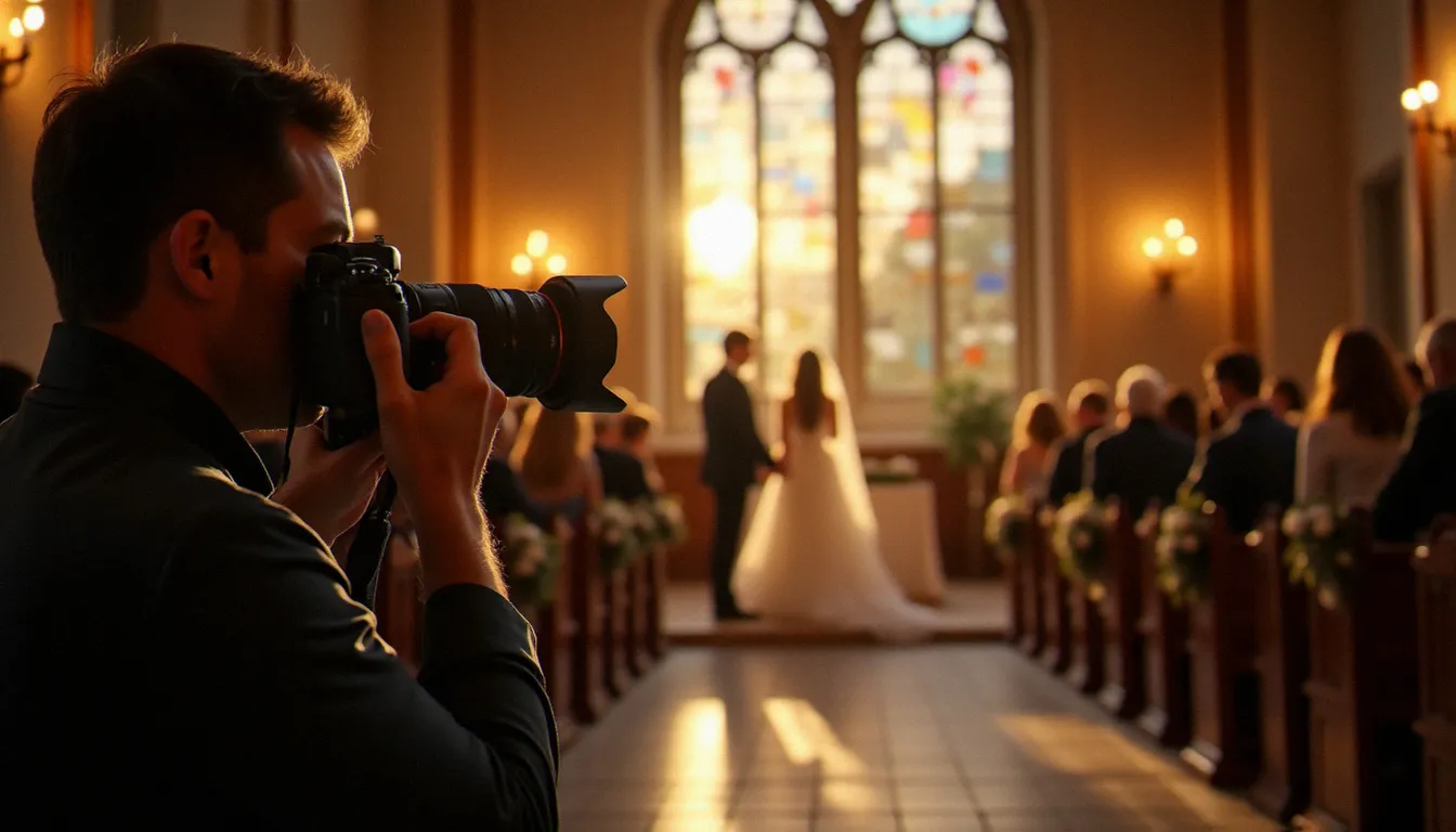 Photographe de mariage capturant une photo avec ia et techniques modernes lors d'une cérémonie à Lyon, lumière naturelle dorée