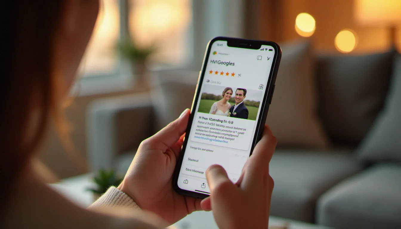 Mains tenant un smartphone affichant une photo avis client de mariage sur Google, dans un cadre domestique chaleureux