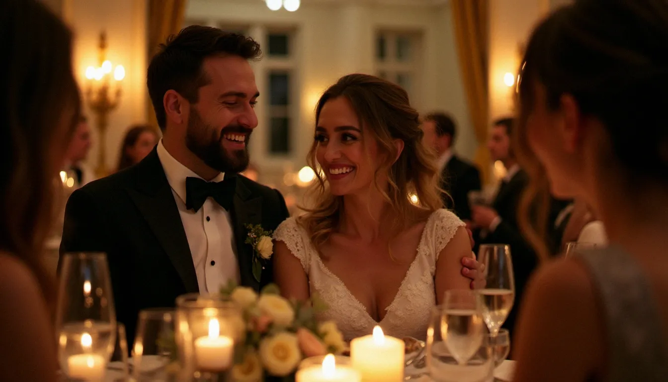 Couple de mariés riant spontanément lors du dîner à Lyon, illustrant la discrétion du photographe que révèlent les photos avis clients authentiques