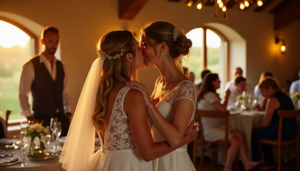 Photo avis client illustrant un photographe de mariage capturant discrètement un moment émouvant entre la mariée et sa mère lors d'une réception en lumière dorée