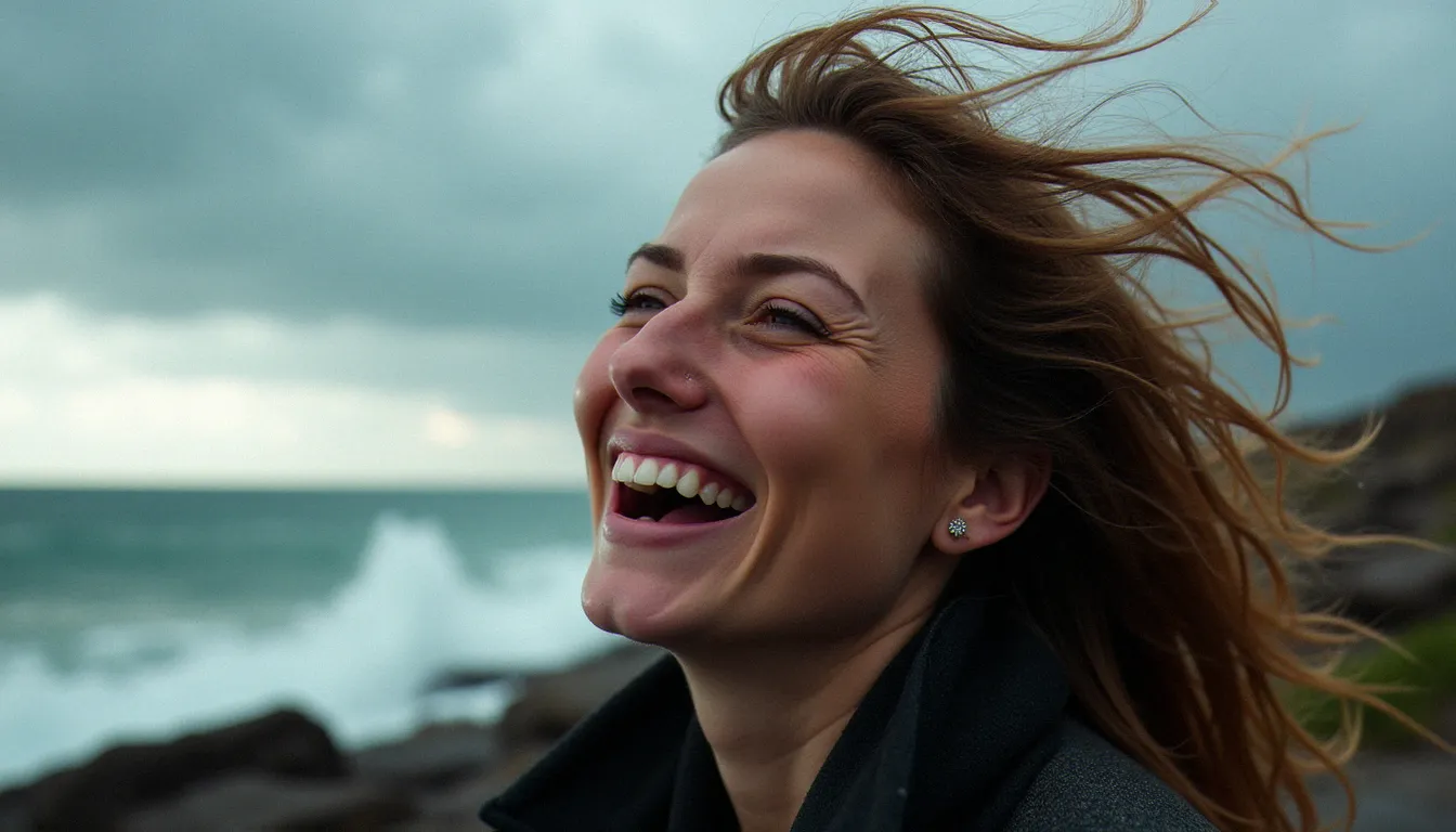 Portrait serré d'une femme riant sous le vent violent d'un avis de coup de vent sur les côtes bretonnes des Poulains, cheveux fouettés par la rafale.