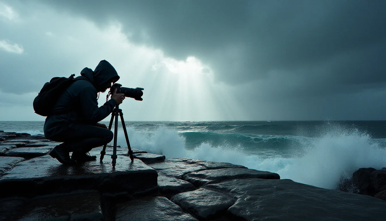 Photographe professionnel au travail sous un avis de coup de vent sur les Poulains, matériel protégé face aux embruns atlantiques sur les rochers de granit.