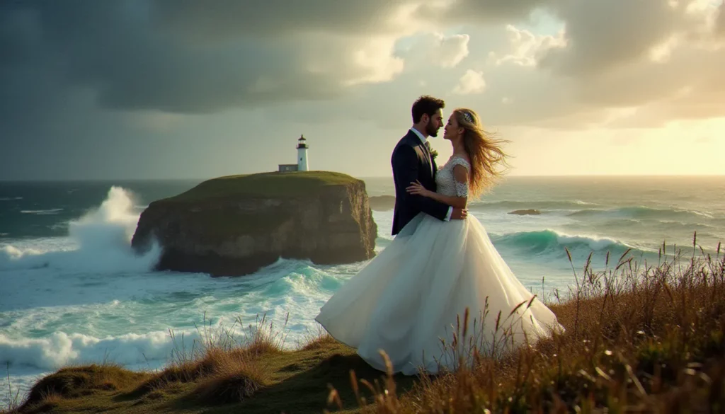 Photo d'un couple en tenue de mariage face à un avis de coup de vent sur les Poulains, robe gonflée par la rafale et phare en arrière-plan.