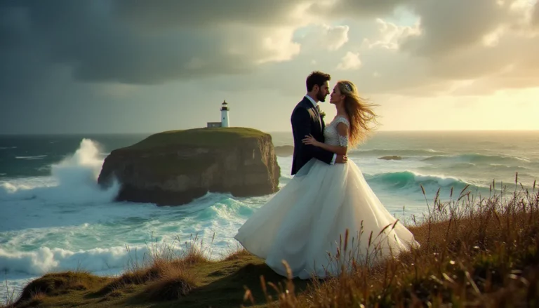 Photo d'un couple en tenue de mariage face à un avis de coup de vent sur les Poulains, robe gonflée par la rafale et phare en arrière-plan.