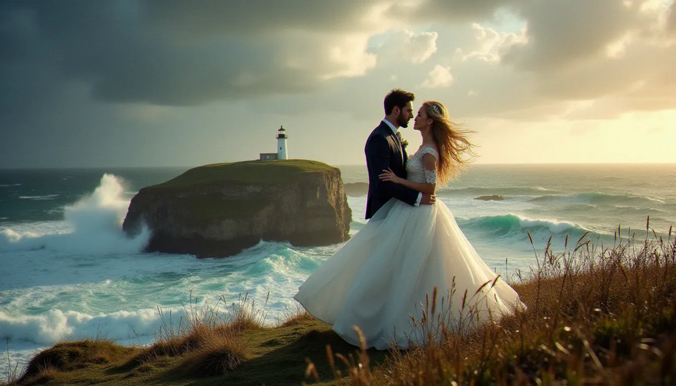 Photo d'un couple en tenue de mariage face à un avis de coup de vent sur les Poulains, robe gonflée par la rafale et phare en arrière-plan.