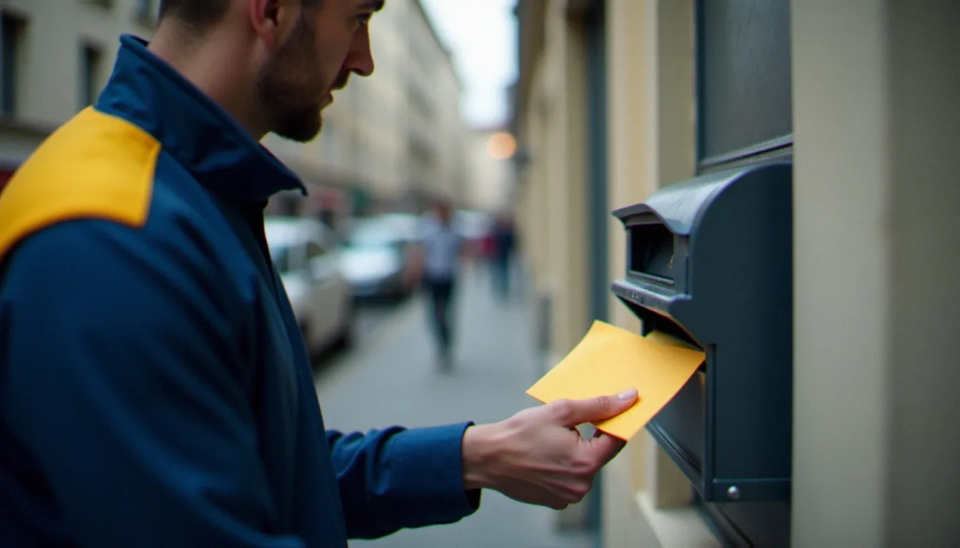 Un facteur en uniforme La Poste déposant un avis de passage dans la boîte aux lettres d'un immeuble lyonnais