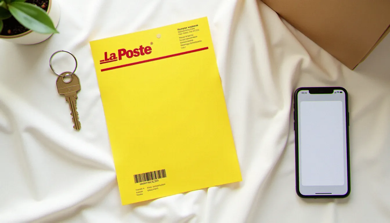 Vue de dessus d'un avis de passage recommandé posé sur lin blanc à côté d'un smartphone et d'une clé, illustrant comment bien cadrer la photo d'un avis de passage recommandé