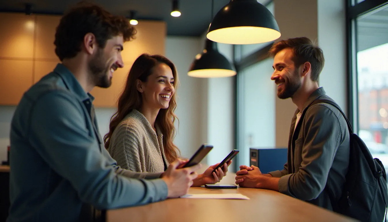 Couple de futurs mariés présentant la photo de leur avis de passage recommandé sur smartphone à l'agent d'un bureau de poste lumineux, moment de soulagement après avoir retrouvé leur courrier recommandé