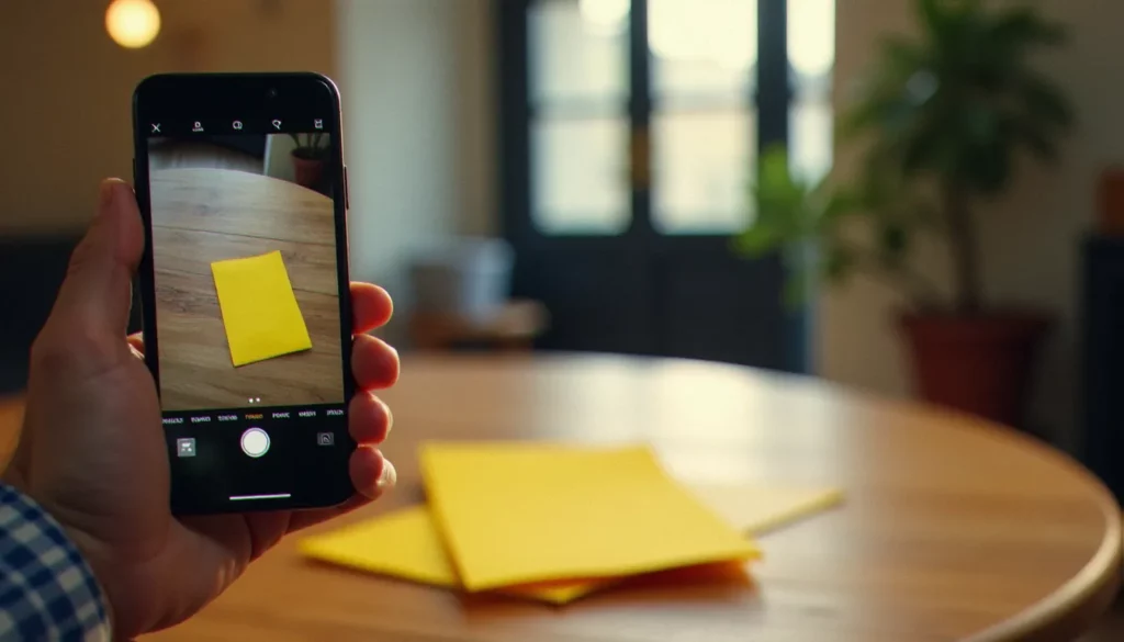 Main tenant un smartphone pour prendre en photo un avis de passage recommandé jaune posé sur une console d'entrée, illustrant le geste de photographier un avis de passage recommandé