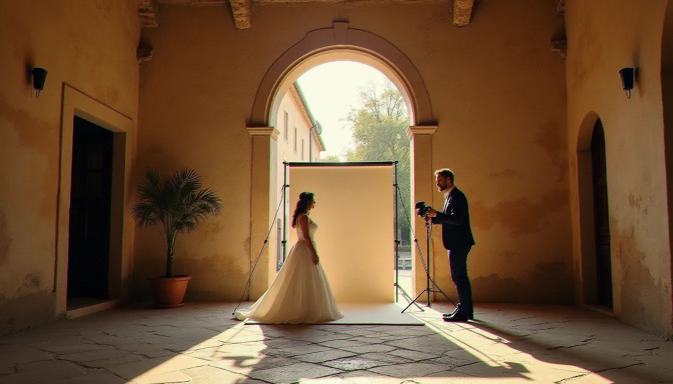 Photographe préparant une séance photo avis de recherche One Piece dans une cour intérieure en pierre à Lyon lors d'un mariage thématique manga