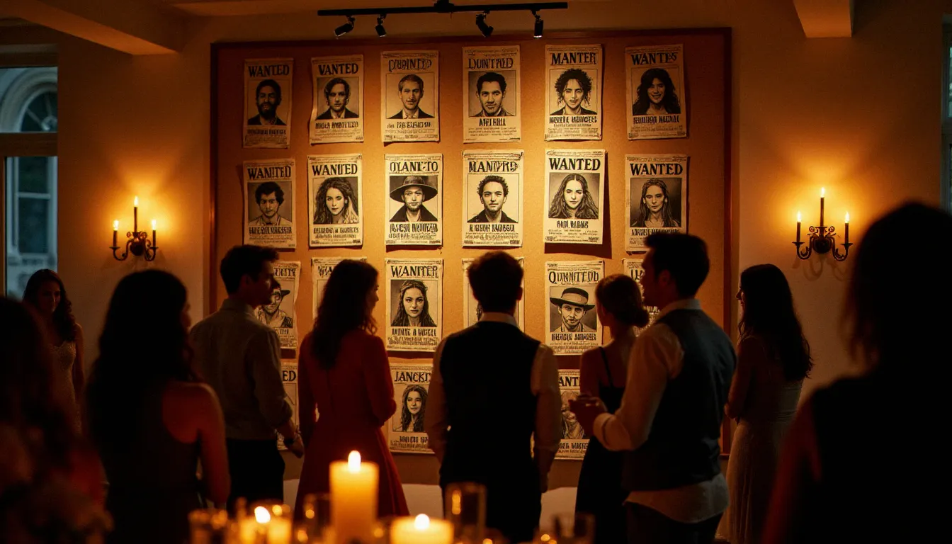 Mur de portraits style avis de recherche One Piece exposés lors d'un cocktail de mariage thématique dans une salle de réception lyonnaise