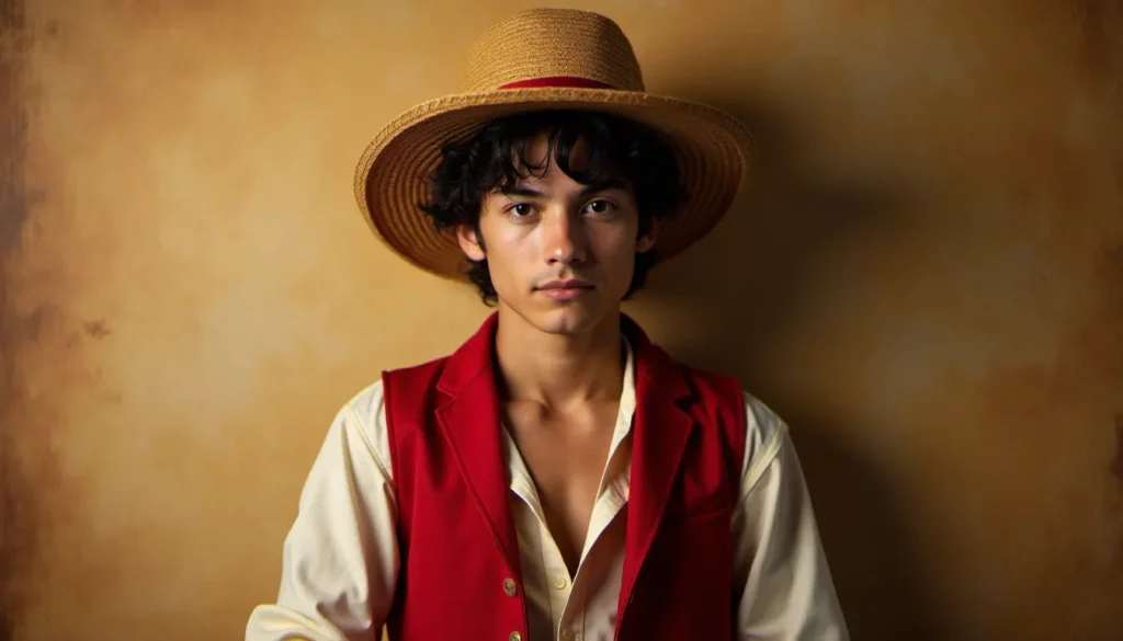 Portrait d'un homme en tenue de pirate One Piece devant un mur texturé jauni, mise en scène d'une photo avis de recherche One Piece style manga