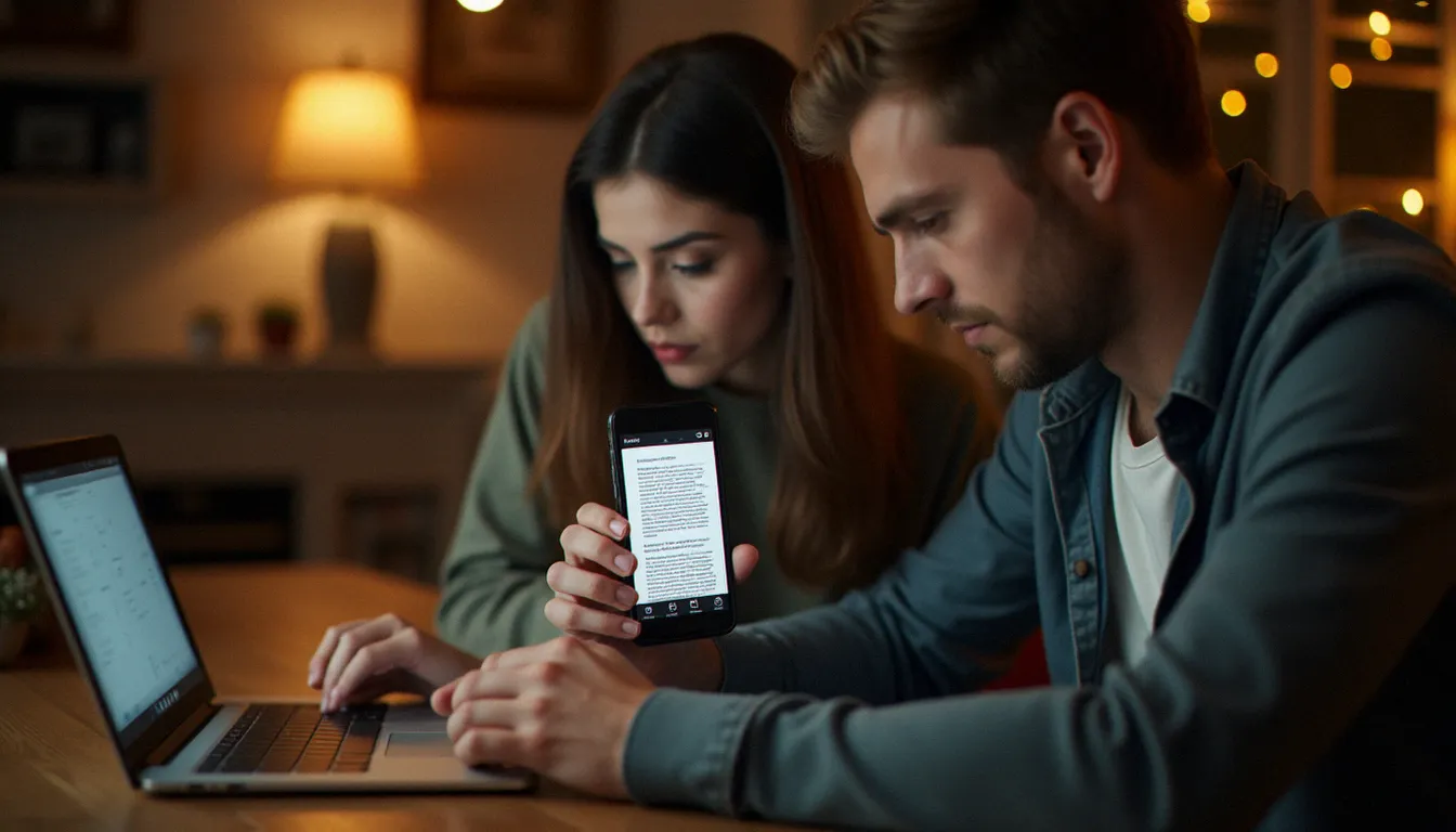 Un couple consulte ensemble leur photo avis d'imposition numérisée sur smartphone et ordinateur, dans l'atmosphère chaleureuse de leur cuisine, lors de la préparation administrative de leur mariage