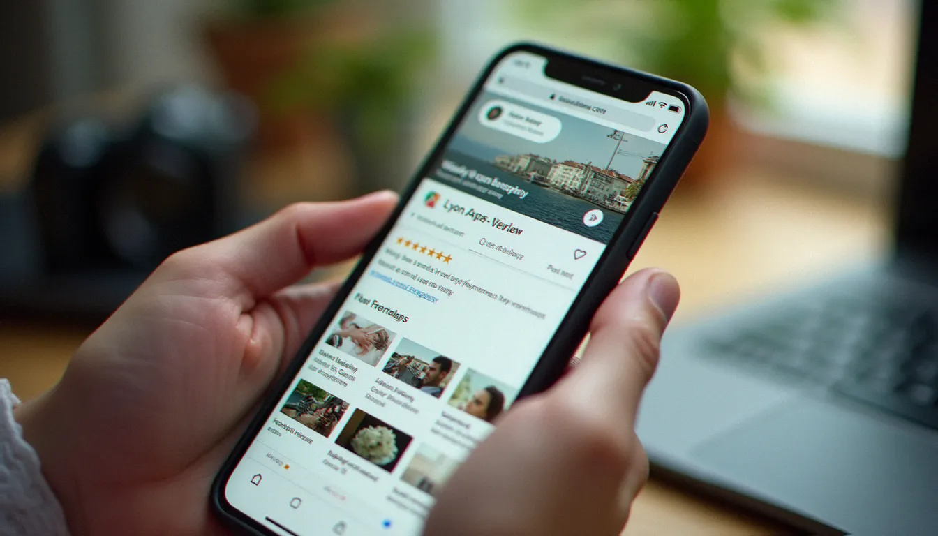 Écran de smartphone affichant la fiche Google Business d'un photographe de mariage lyonnais avec des avis illustrés de clients et des photos d'avis Google visibles