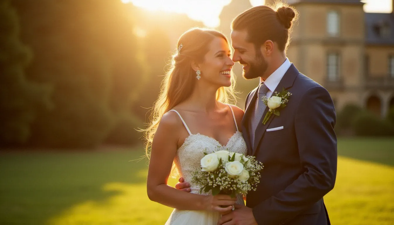 Couple de mariés en train de rire au coucher du soleil devant un château lyonnais, illustrant une photo avis Google authentique de prestation mariage