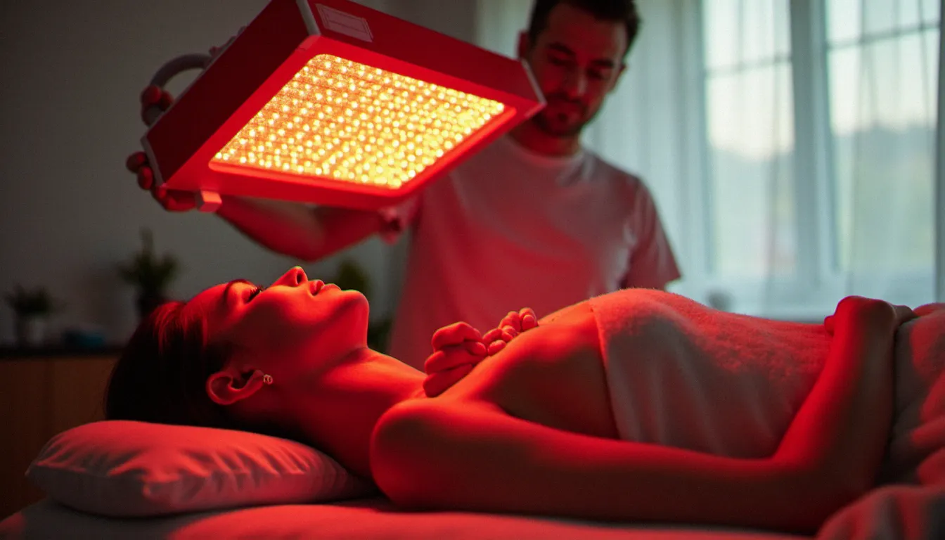 Séance de photo bio modulation sur le dos d'un patient allongé sous un panneau LED rouge dans un centre de soins