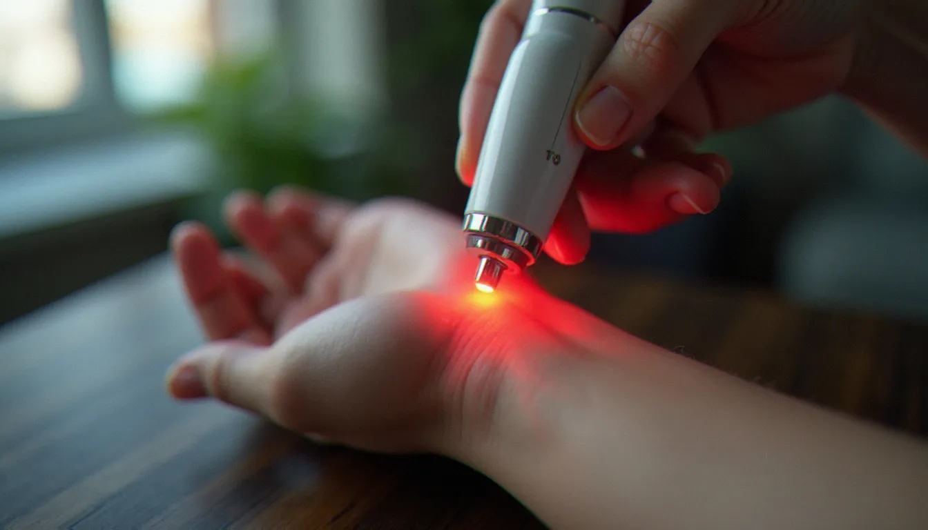 Appareil photo bio modulation portable tenu en main dirigé sur un poignet, lumière rouge thérapeutique visible sur la peau
