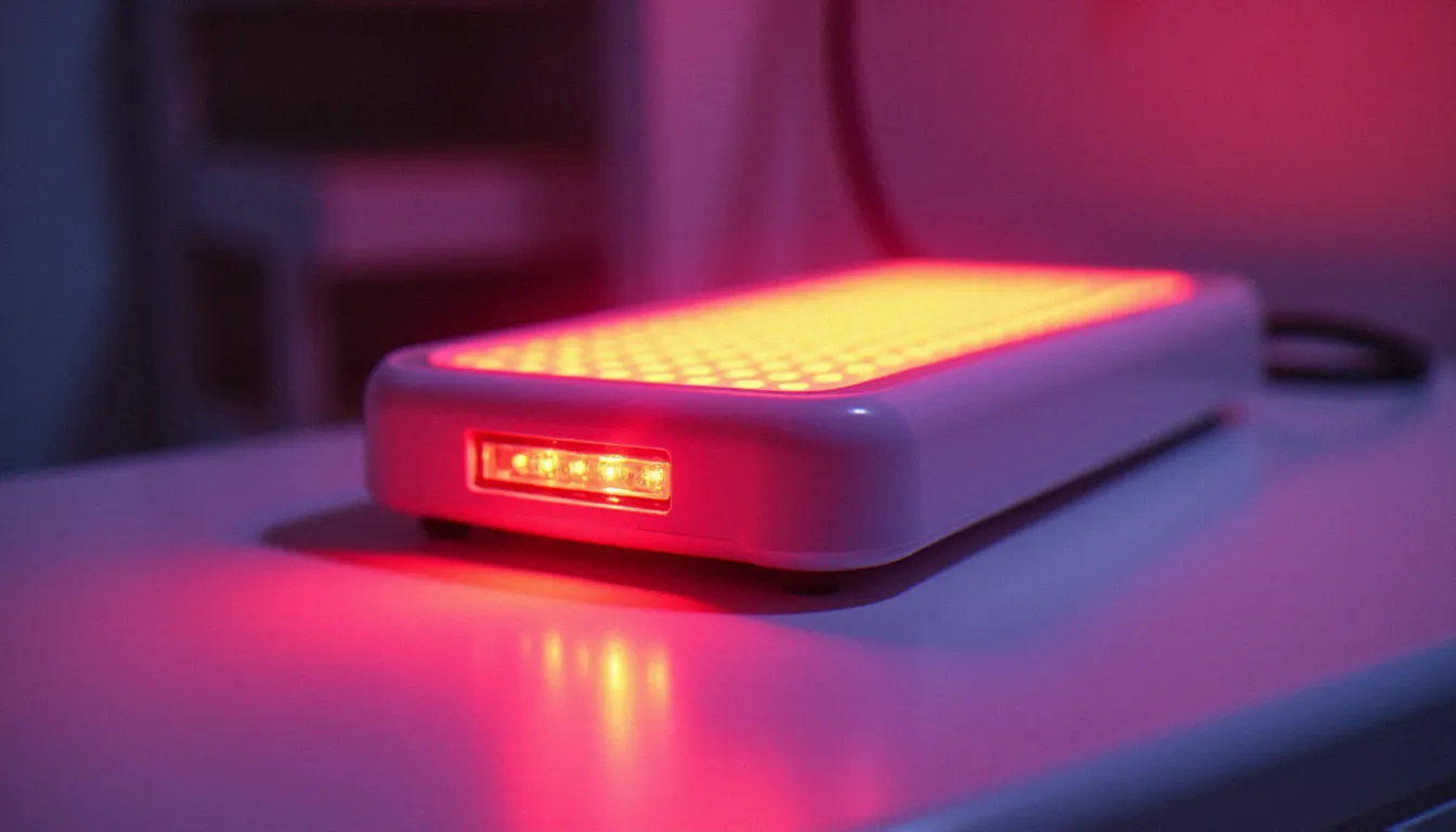 Appareil photo bio modulation à LED rouge et infrarouge posé sur une surface blanche, émettant une lumière thérapeutique douce