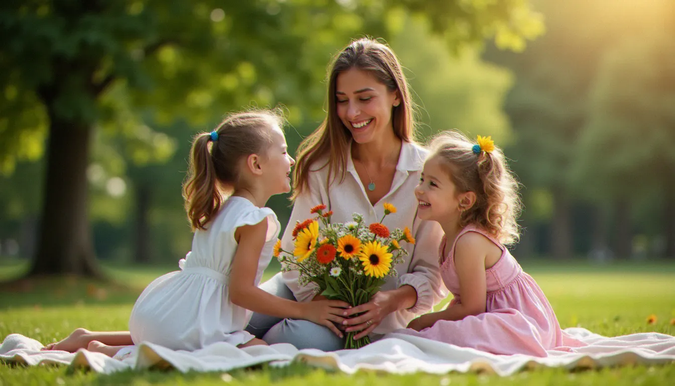 Une maman reçoit un bouquet de fleurs sauvages de ses enfants lors d'un pique-nique au parc, cadeau photo bonne fête maman capturé sur le vif