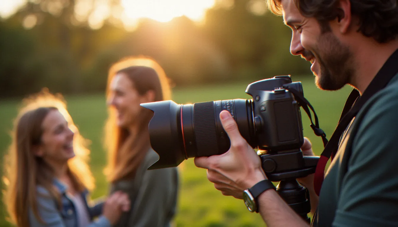 Un photographe professionnel règle son objectif lors d'une séance portrait famille en extérieur à Lyon, illustrant l'importance du savoir-faire pour une photo bonne fête maman réussie