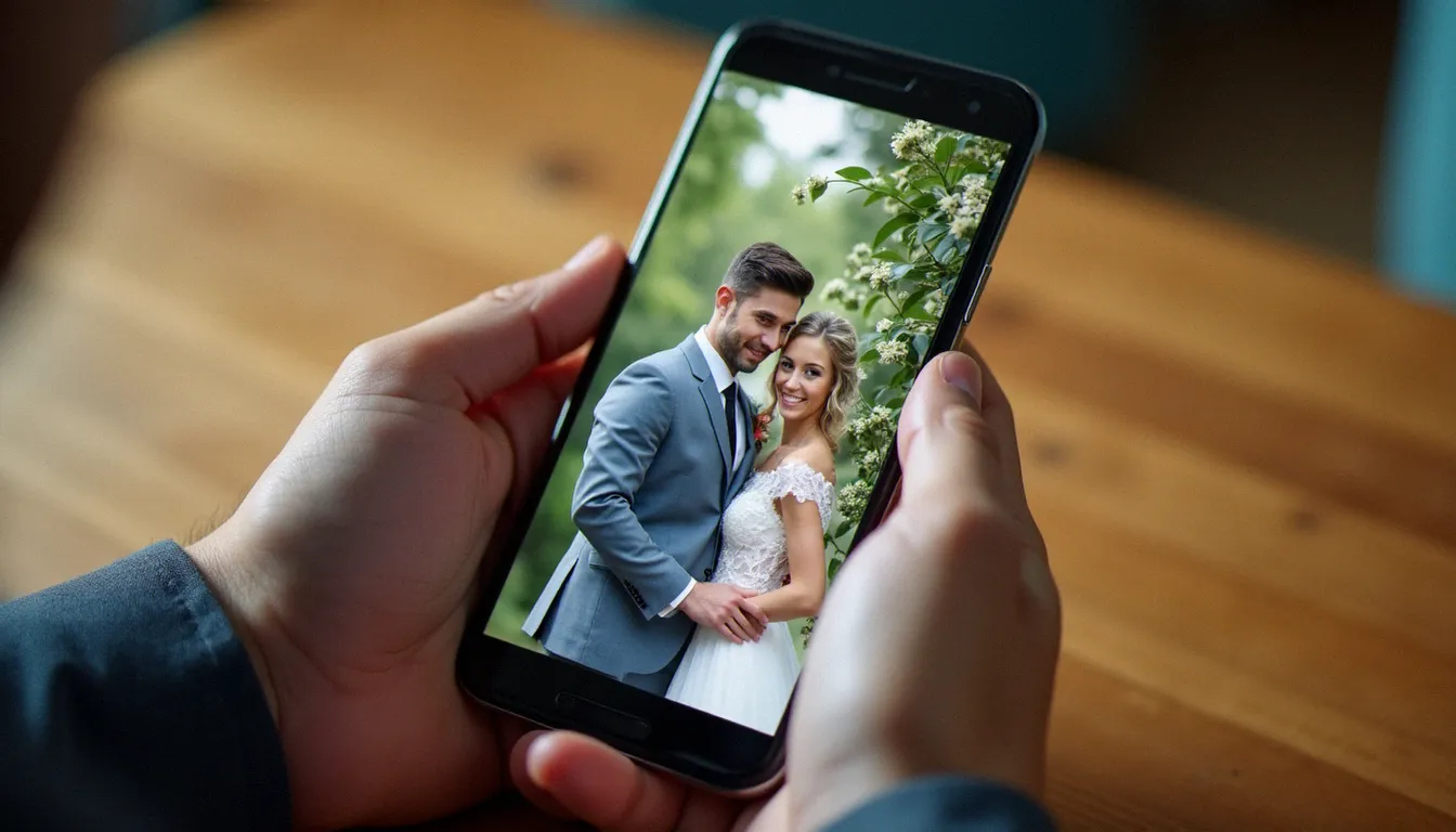 Utilisation d'une application mobile pour changer l'arrière plan d'une photo de couple sur smartphone