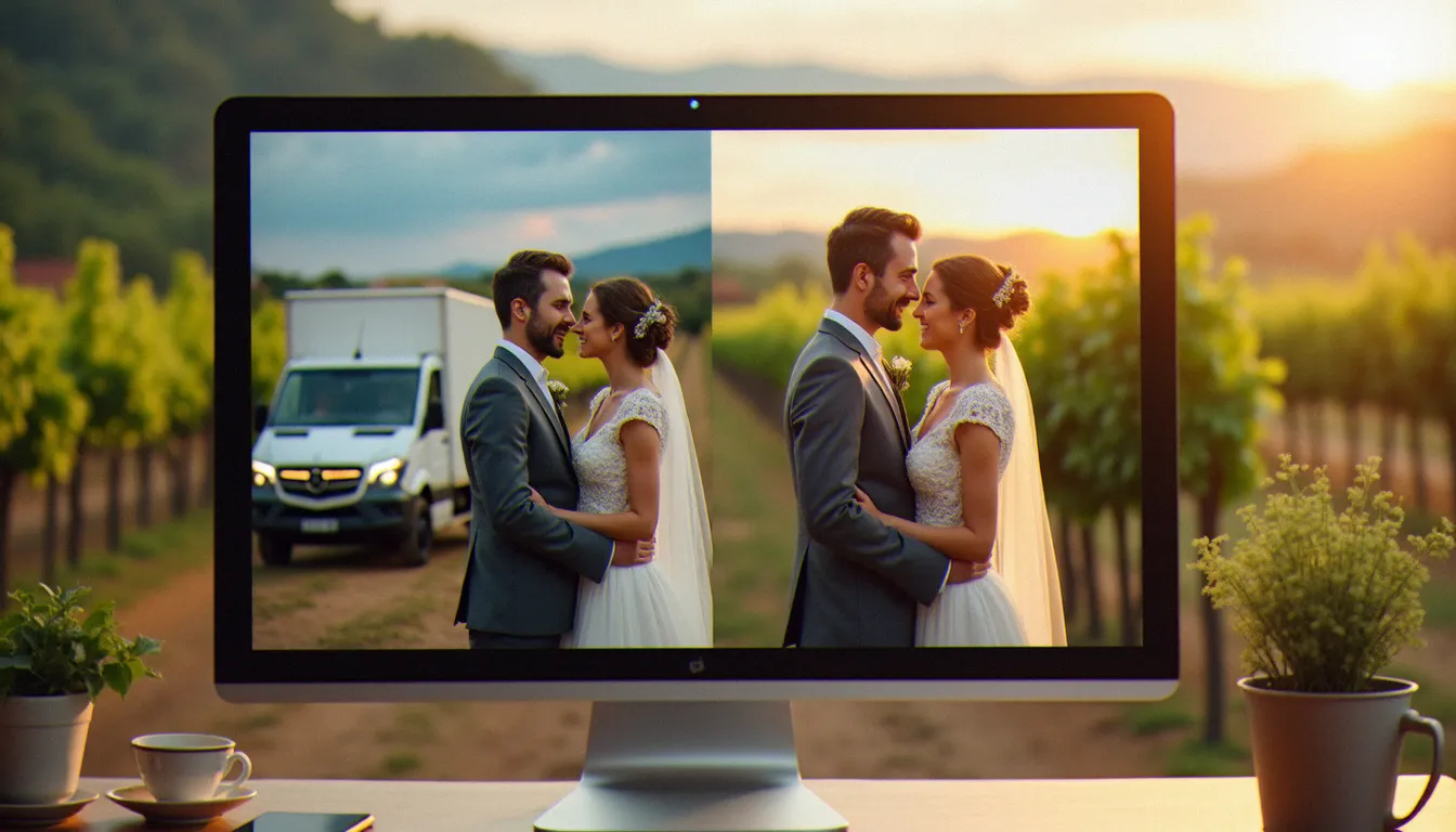 Comparaison avant-après d'une photo de mariage avec changement d'arrière plan, fond parasité remplacé par une vigne dorée
