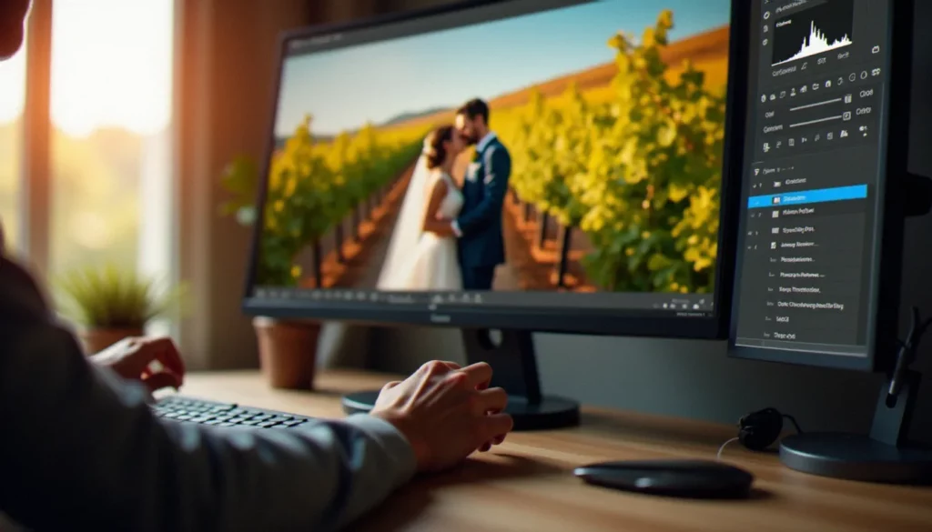 Photographe professionnel modifiant l'arrière plan d'une photo de mariage sur Photoshop, illustrant comment changer l'arrière plan d'une photo