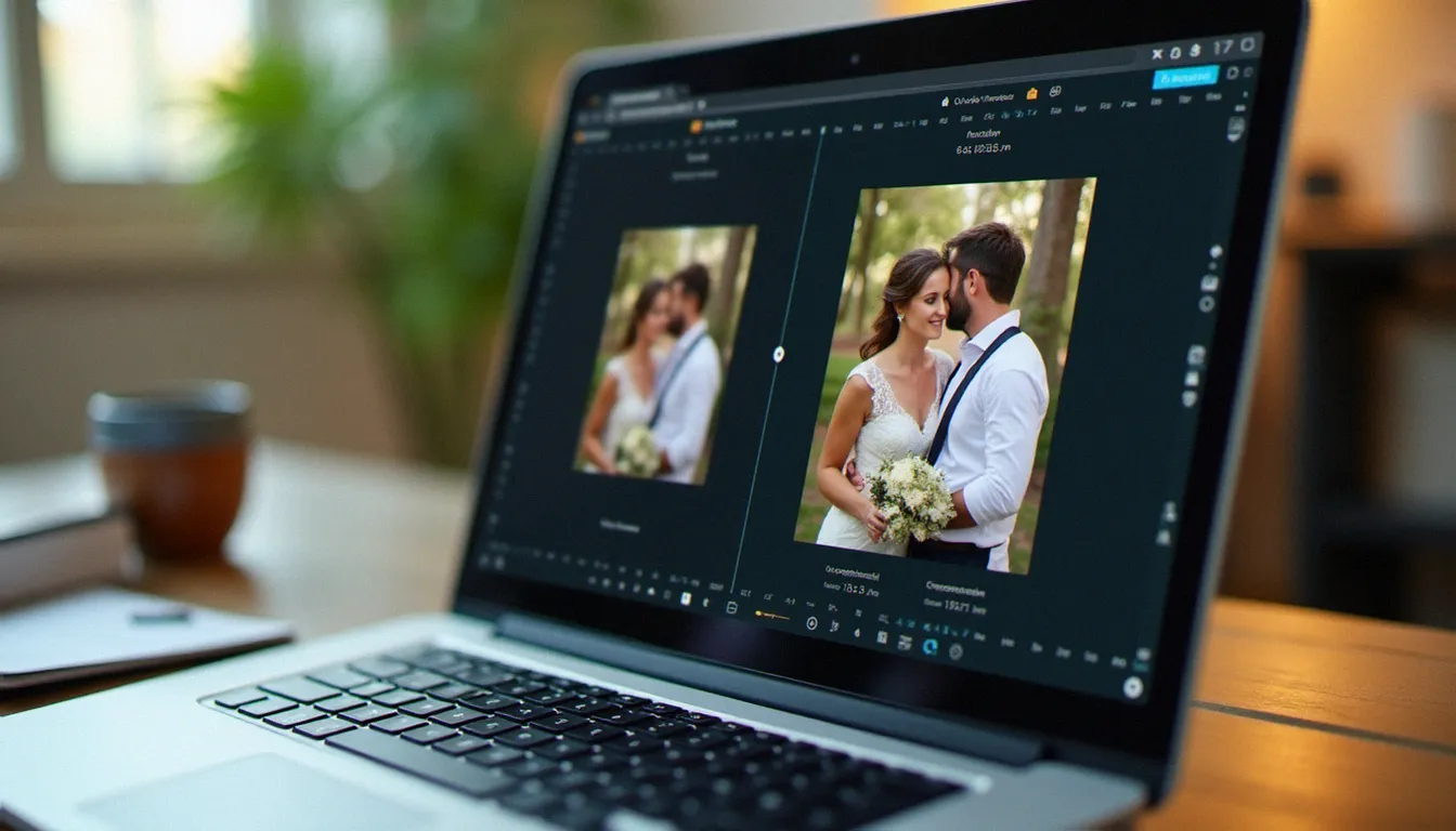 Interface d'un outil de compression montrant la réduction de taille d'une photo de mariage côte à côte avec les statistiques de poids
