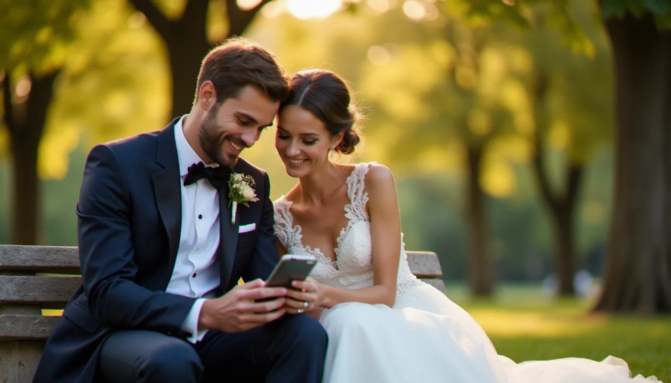 Couple de mariés lyonnais consultant leur galerie photo optimisée sur smartphone dans un parc au coucher du soleil
