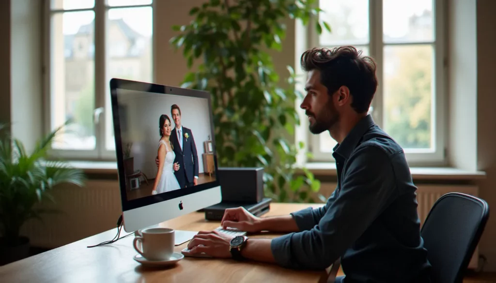 Photographe de mariage lyonnais réduisant la taille de ses photos de mariage sur un écran calibré dans son studio lumineux