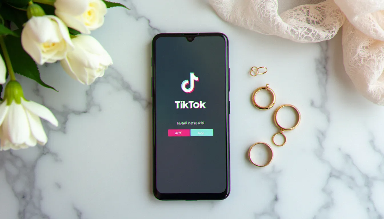 Smartphone Android ouvert sur l'installation d'un APK TikTok posé sur une surface en marbre avec des accessoires de mariage autour