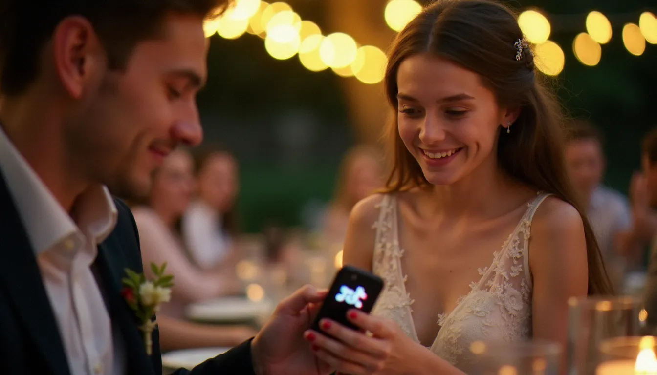 Invité de mariage souriant en regardant des photo comments TikTok sur son téléphone lors d'une réception en plein air au coucher du soleil