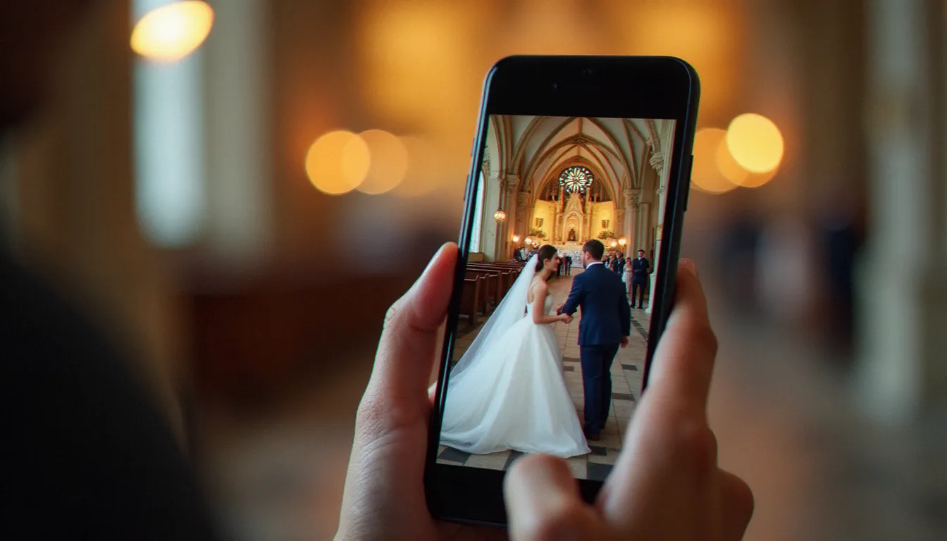 Mains tenant un smartphone affichant une vidéo TikTok de mariage avec la fonctionnalité photo comment tiktok apk visible à l'écran