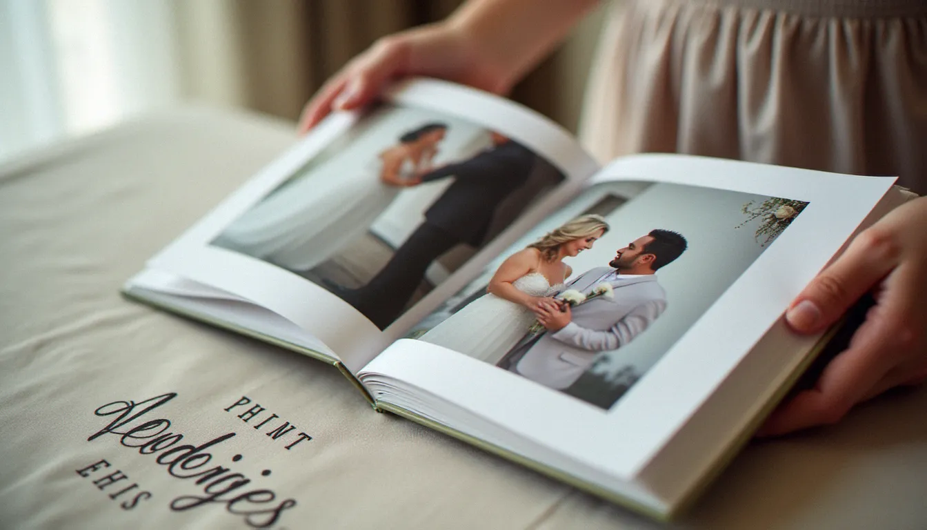 Album de mariage ouvert avec une photo commentaire de texte manuscrite sous un cliché d'échange de vœux, lumière naturelle tamisée
