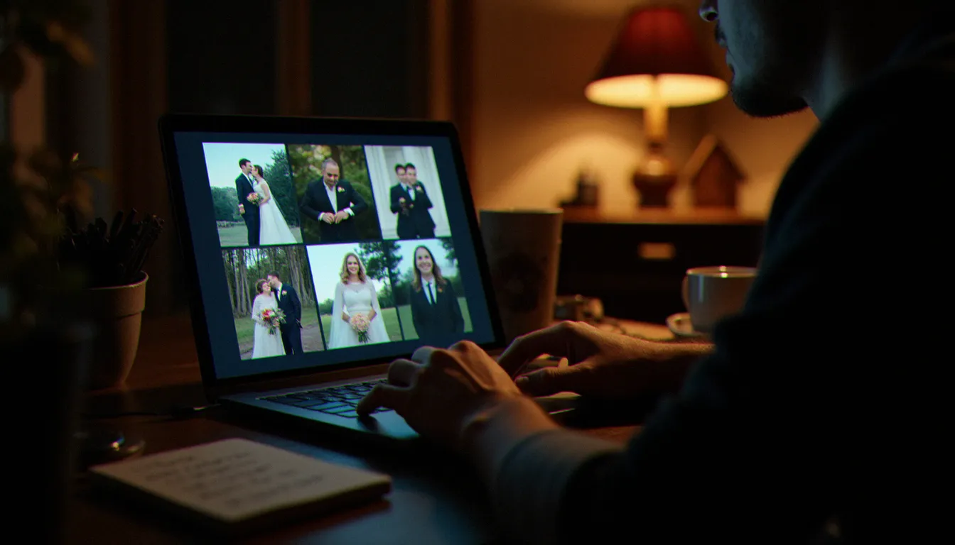 Photographe de mariage travaillant la nuit sur des commentaires de texte pour une galerie photo en ligne, écran lumineux et notes manuscrites visibles