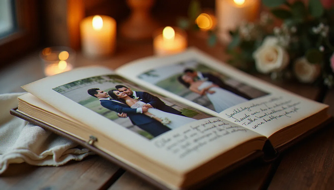 Album de mariage ouvert sur une table en bois montrant des photos avec commentaires de texte typographiques élégants à la lumière d'une bougie