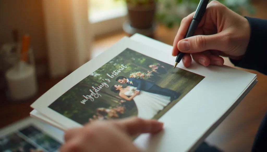 Mains tenant une photo de mariage annotée avec un commentaire de texte manuscrit calligraphié, lumière naturelle