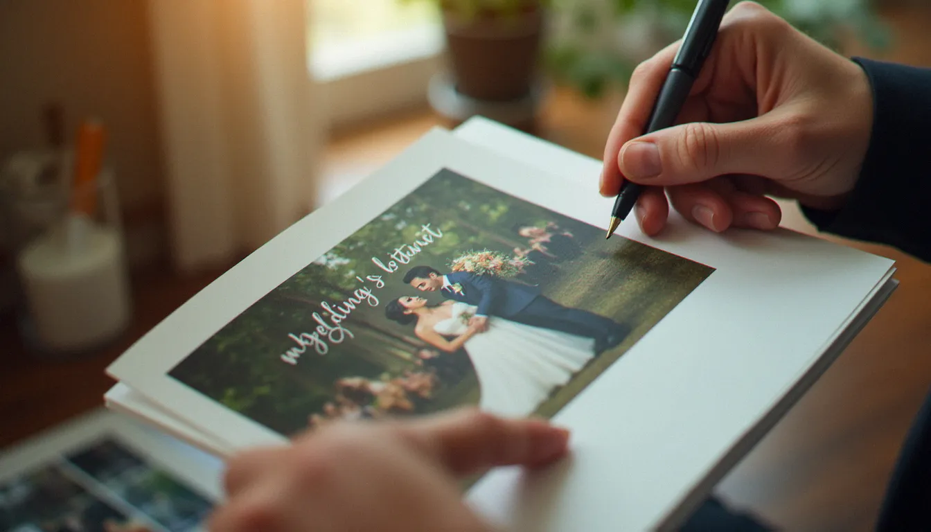 Mains tenant une photo de mariage annotée avec un commentaire de texte manuscrit calligraphié, lumière naturelle