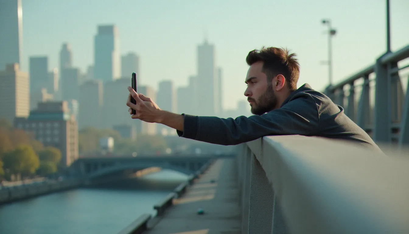 Jeune homme penché dangereusement au-dessus d'une rambarde de pont pour prendre un selfie au-dessus du vide, illustrant le risque de photo danger de mort en milieu urbain