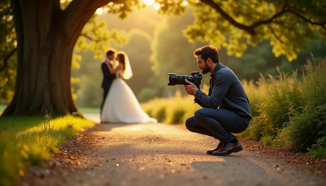 Photographe de mariage professionnel en position basse et stable sur un chemin de jardin, capturant en toute sécurité un moment intime entre les mariés sous un arbre baigné de lumière dorée