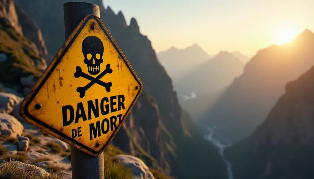 Panneau jaune danger de mort avec pictogramme tête de mort fixé sur une clôture rouillée au bord d'une falaise escarpée, illustrant les risques d'une photo danger de mort en milieu naturel