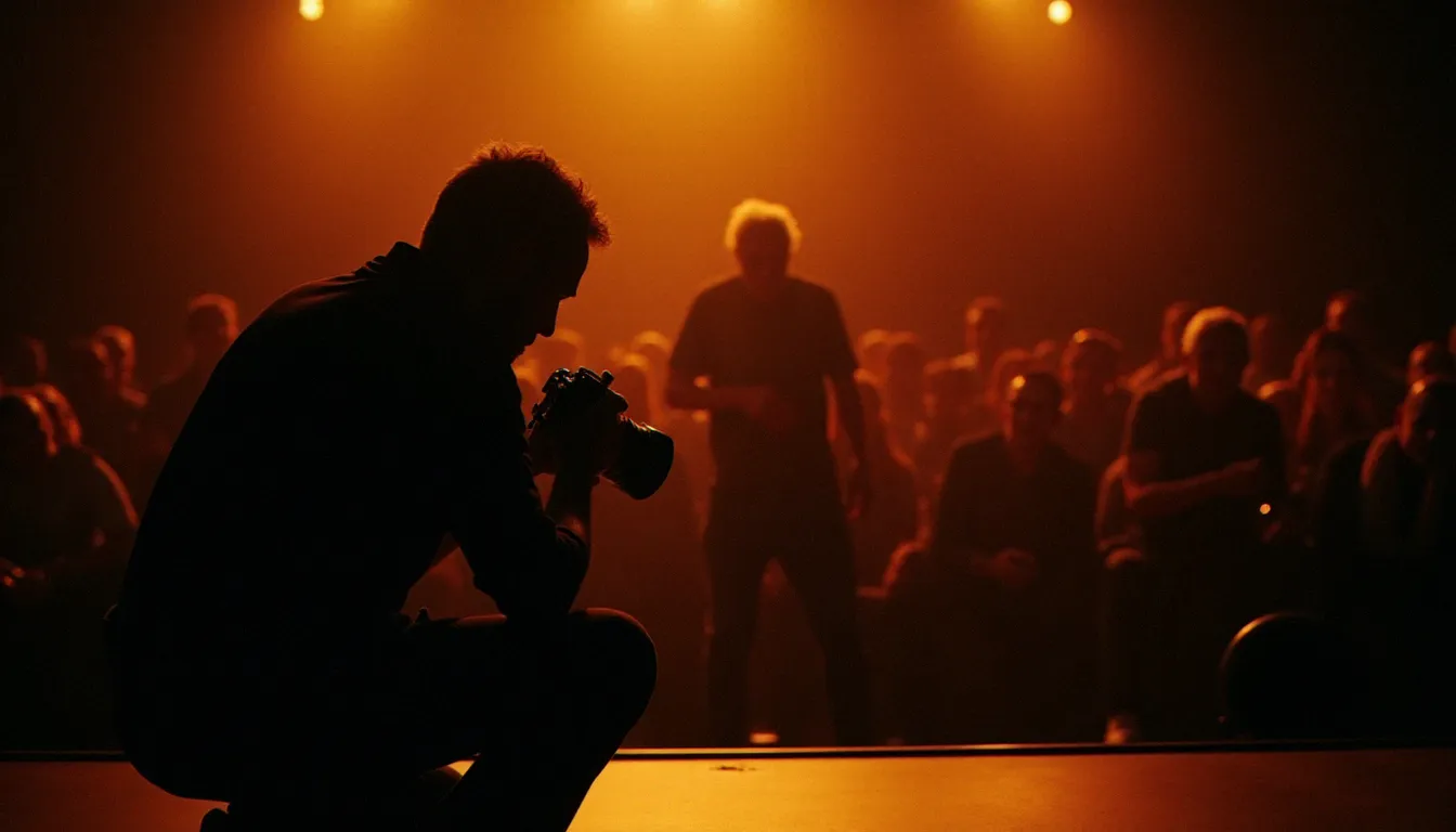 Photographe professionnel en action lors d'un concert, illustrant la technique de capture de l'instant authentique en photographie documentaire