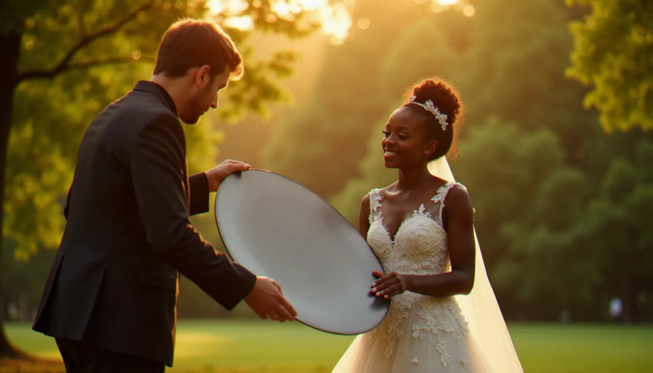 Photographe de mariage utilisant un réflecteur argenté pour adapter l'éclairage au phototype foncé de la mariée en lumière naturelle, démontrant concrètement que les photo désignent aussi phototype dans la pratique professionnelle