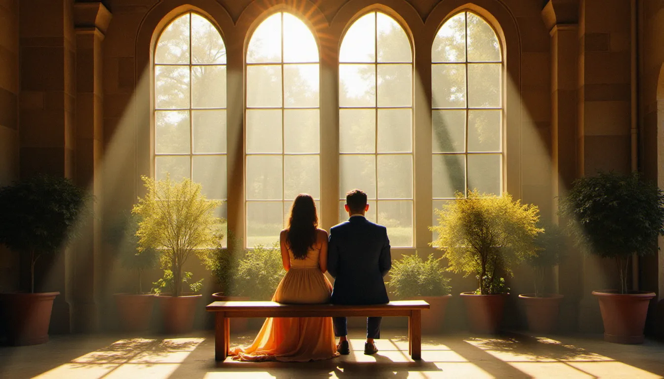 Plan large d'un couple assis dans une orangerie historique avec de grandes fenêtres cintrées, lumière de fin d'après-midi filtrant à travers le verre pour un rendu photo effet de serre authentique