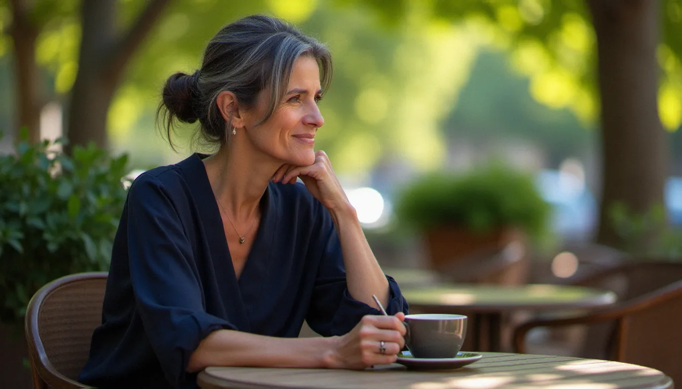 Femme de 50 ans assise à une terrasse lyonnaise dans la lumière du matin, regard tourné vers le lointain, illustrant la préparation naturelle avant une séance photo portrait
