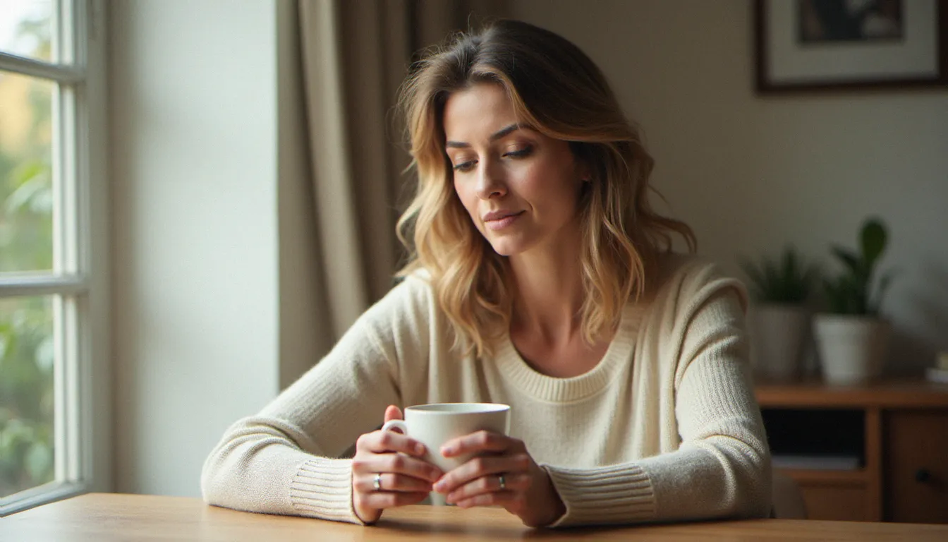 Femme de 50 ans photographiée en lumière naturelle de fenêtre, tenant une tasse de café, expression contemplative et posture naturelle détendue