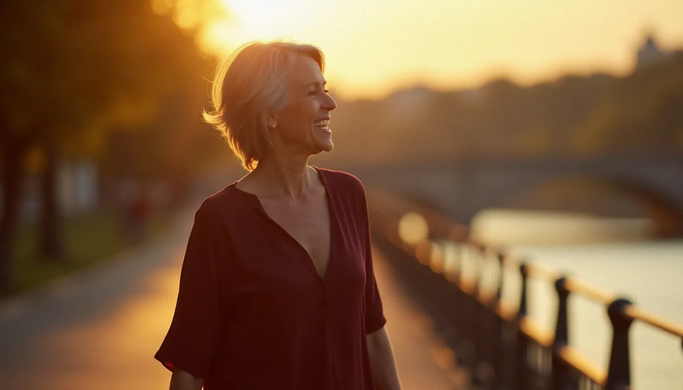 Femme naturelle de 50 ans marchant en riant sur les quais de Saône à Lyon lors de l'heure dorée, robe bordeaux, style documentaire authentique