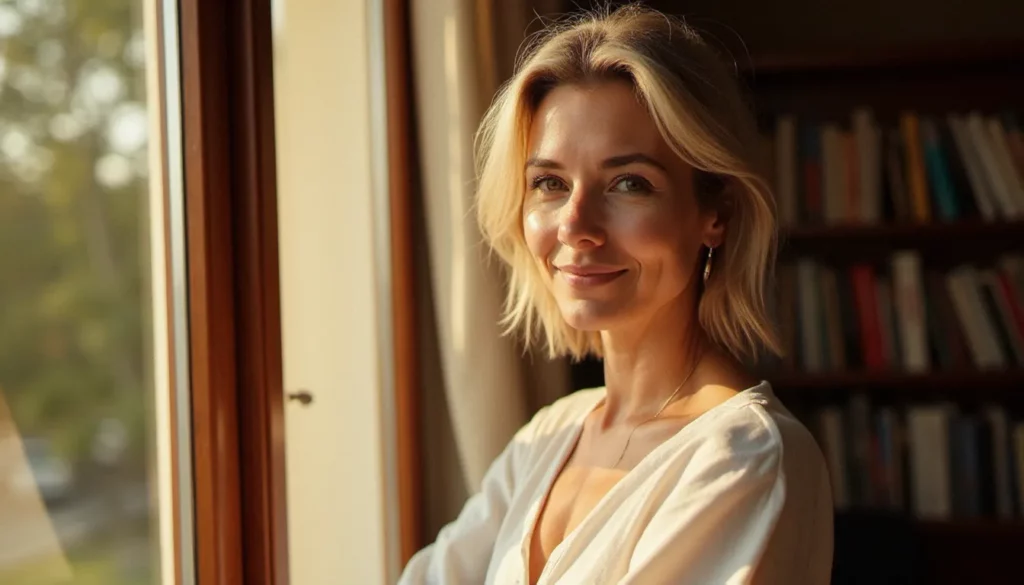 Portrait naturel d'une femme de 50 ans photographiée à la lumière dorée d'une fenêtre lyonnaise, capturant la beauté authentique d'une photo femme naturelle 50 ans