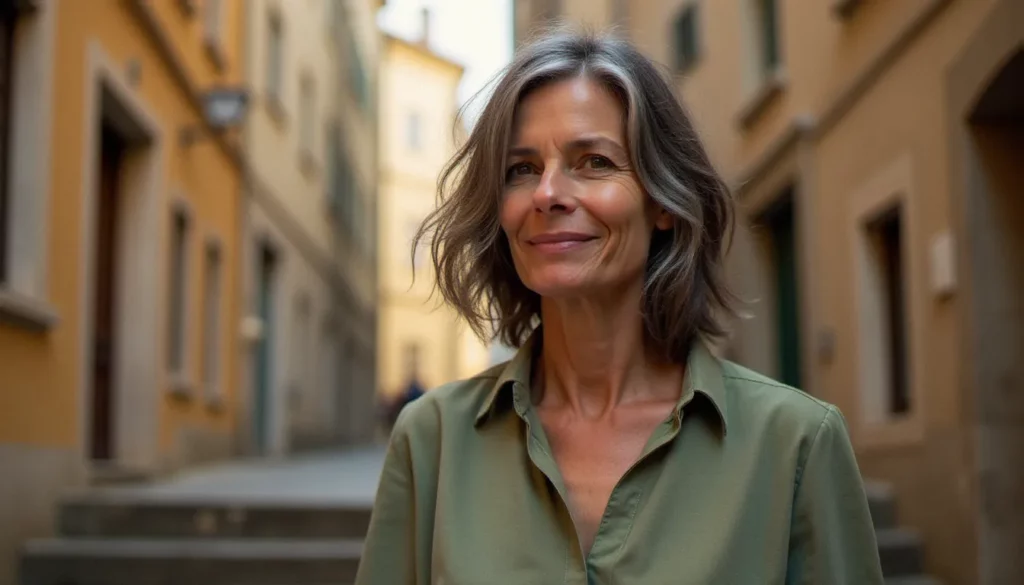Portrait naturel d'une femme de 50 ans dans une traboule du Vieux-Lyon, lumière dorée du matin, sourire authentique et regard apaisé