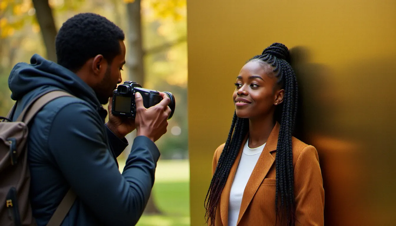Photographe préparant l'éclairage avec un réflecteur doré lors d'une séance portrait d'une femme noire aux tresses naturelles dans un parc lyonnais